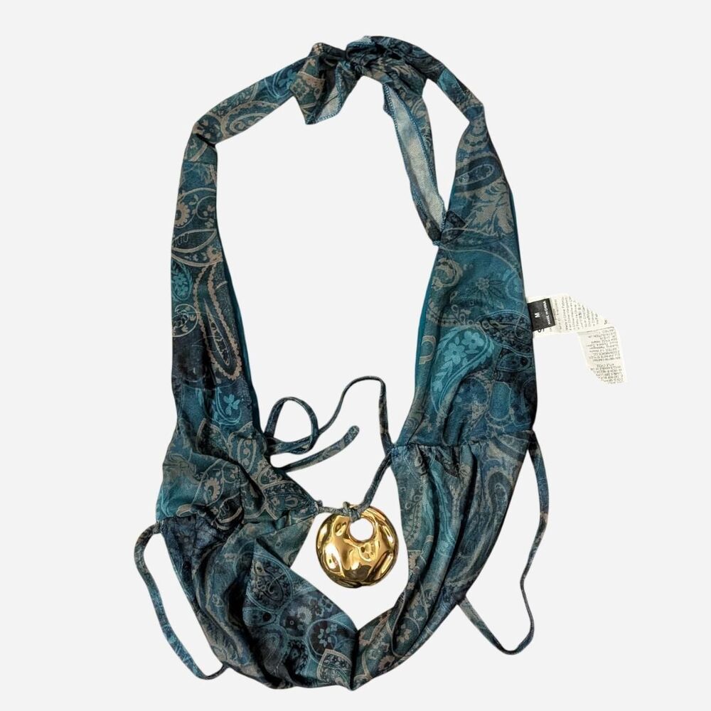 Y2K Style Blue Paisley Halter Top With Slouch And Gold Pendant